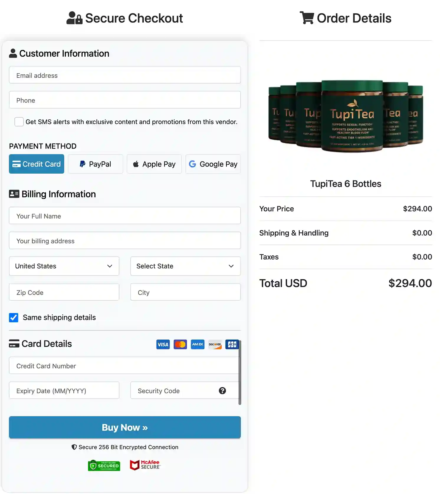 Tupi Tea Secure Payment — Visa Mastercard USA
